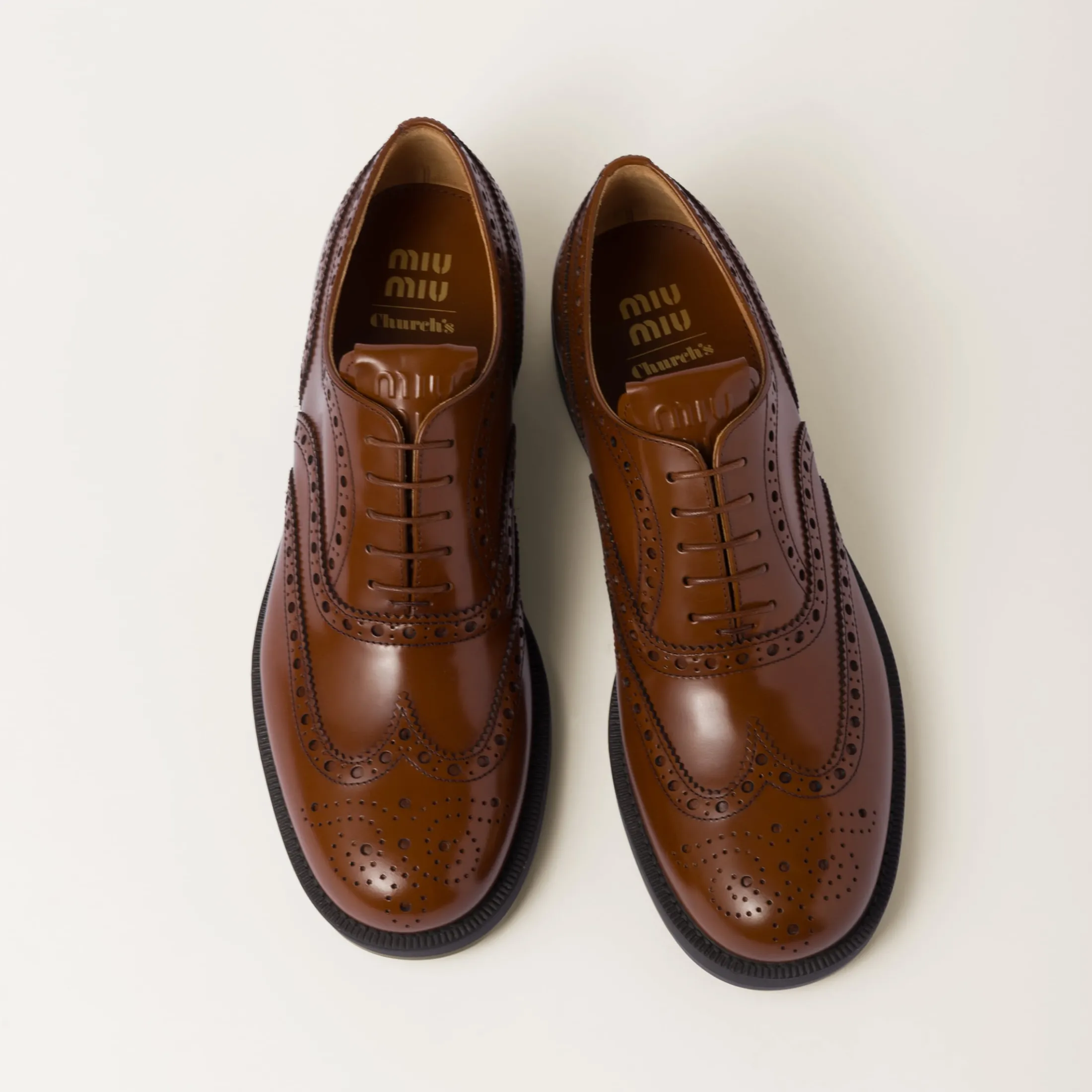 Tobacco Church's X Miu Miu Brushed Leather Oxford Brogue Shoes | Miu Miu