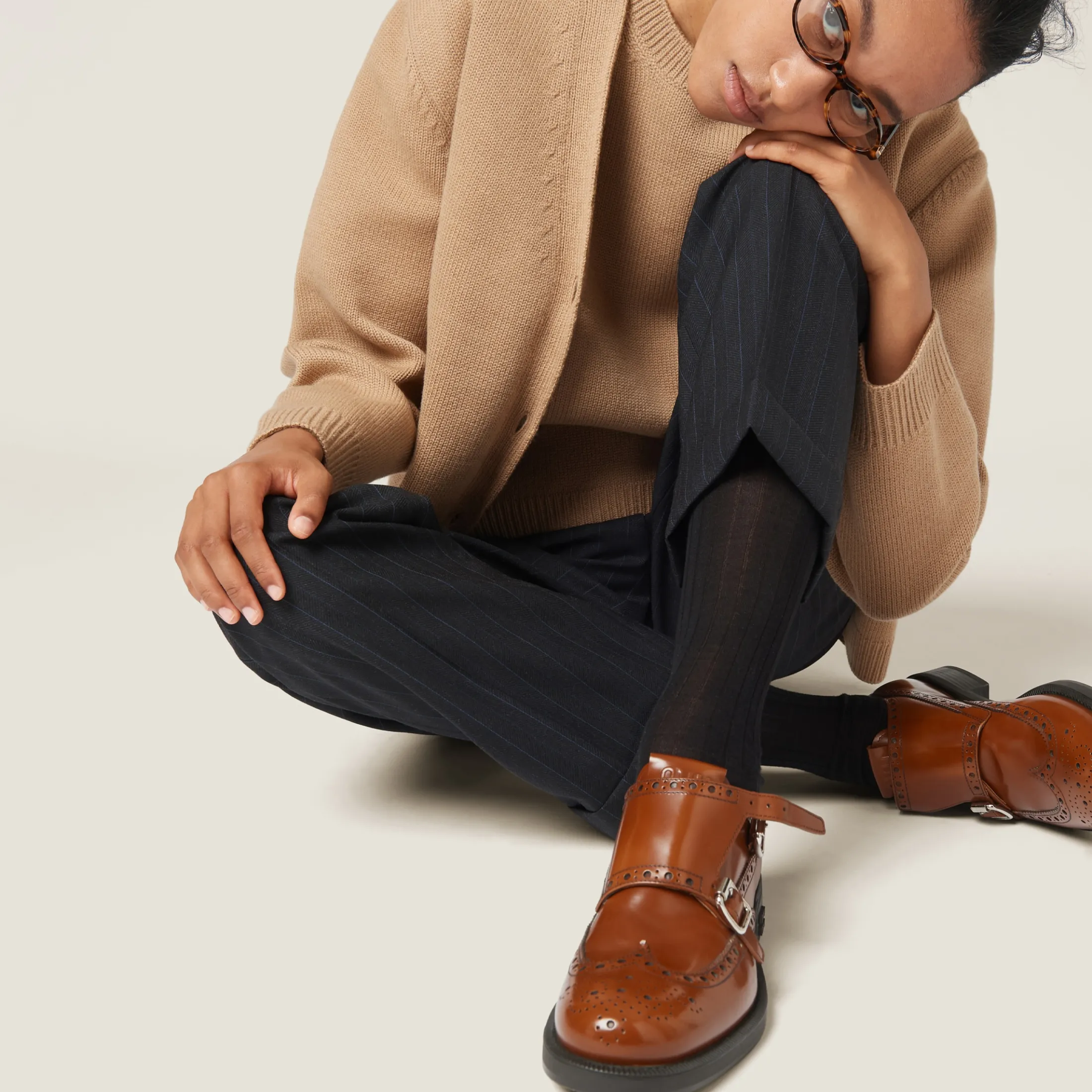 Tobacco Church's X Miu Miu Brushed Leather Double Monk Brogue Shoes | Miu Miu