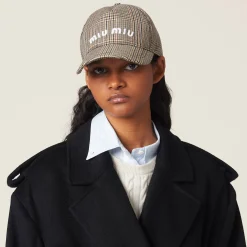Tobacco Prince Of Wales Checked Wool Baseball Cap | Miu Miu