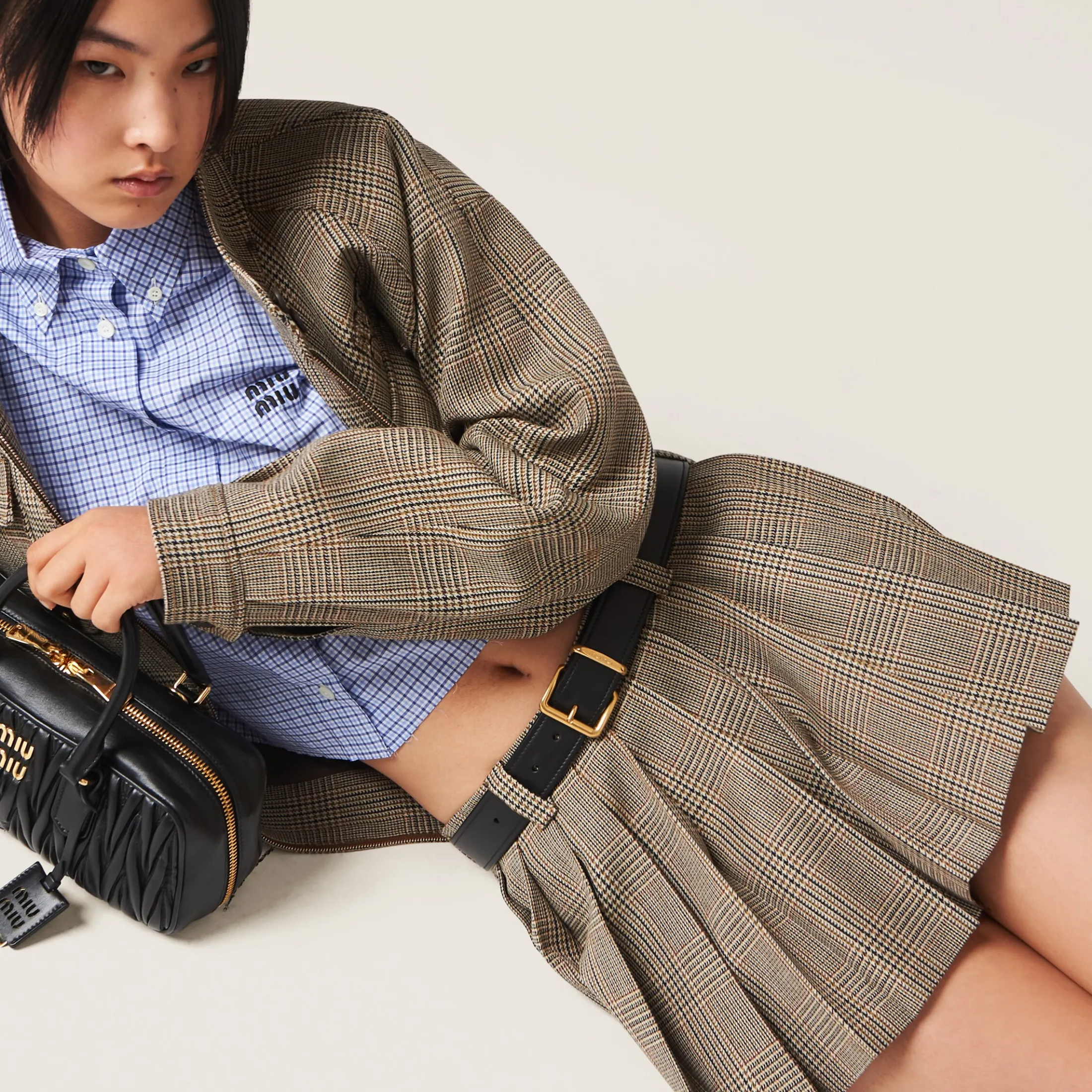 Tobacco Prince Of Wales Check Skirt | Miu Miu