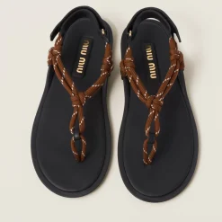 Tobacco Riviere Cord And Leather Sandals | Miu Miu