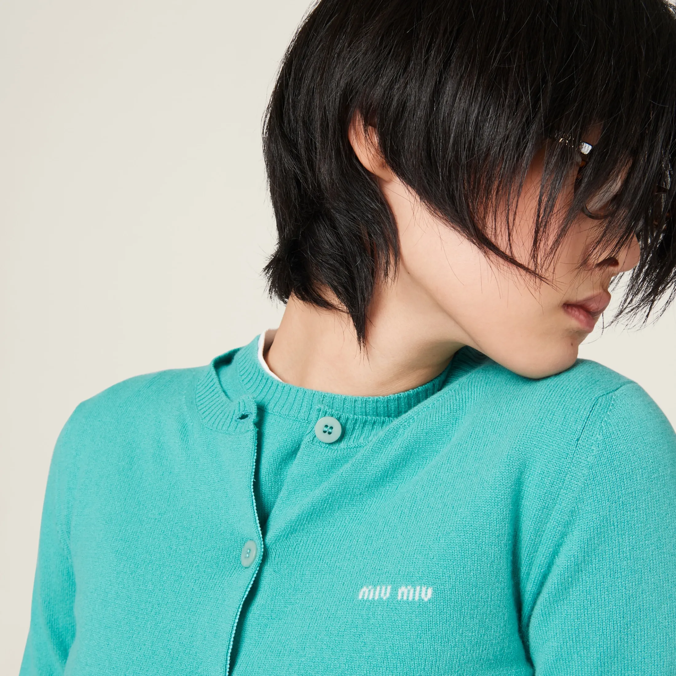 Turquoise Cashmere Knit Cardigan | Miu Miu