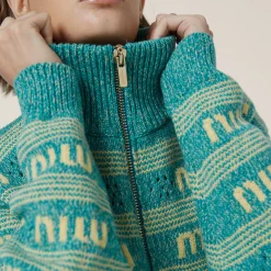 Turquoise Wool And Cashmere Knit Cardigan | Miu Miu