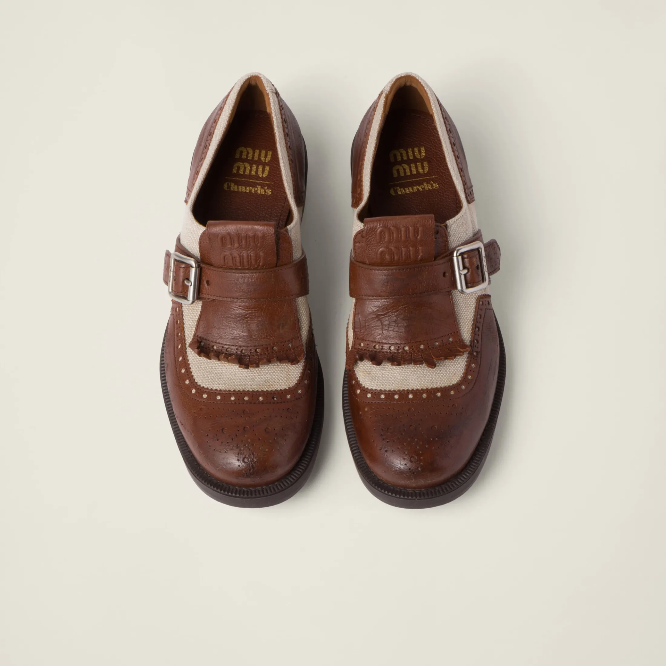 Walnut Brown / Cord Church's X Miu Miu Shanghai Leather And Linen Shoes | Miu Miu
