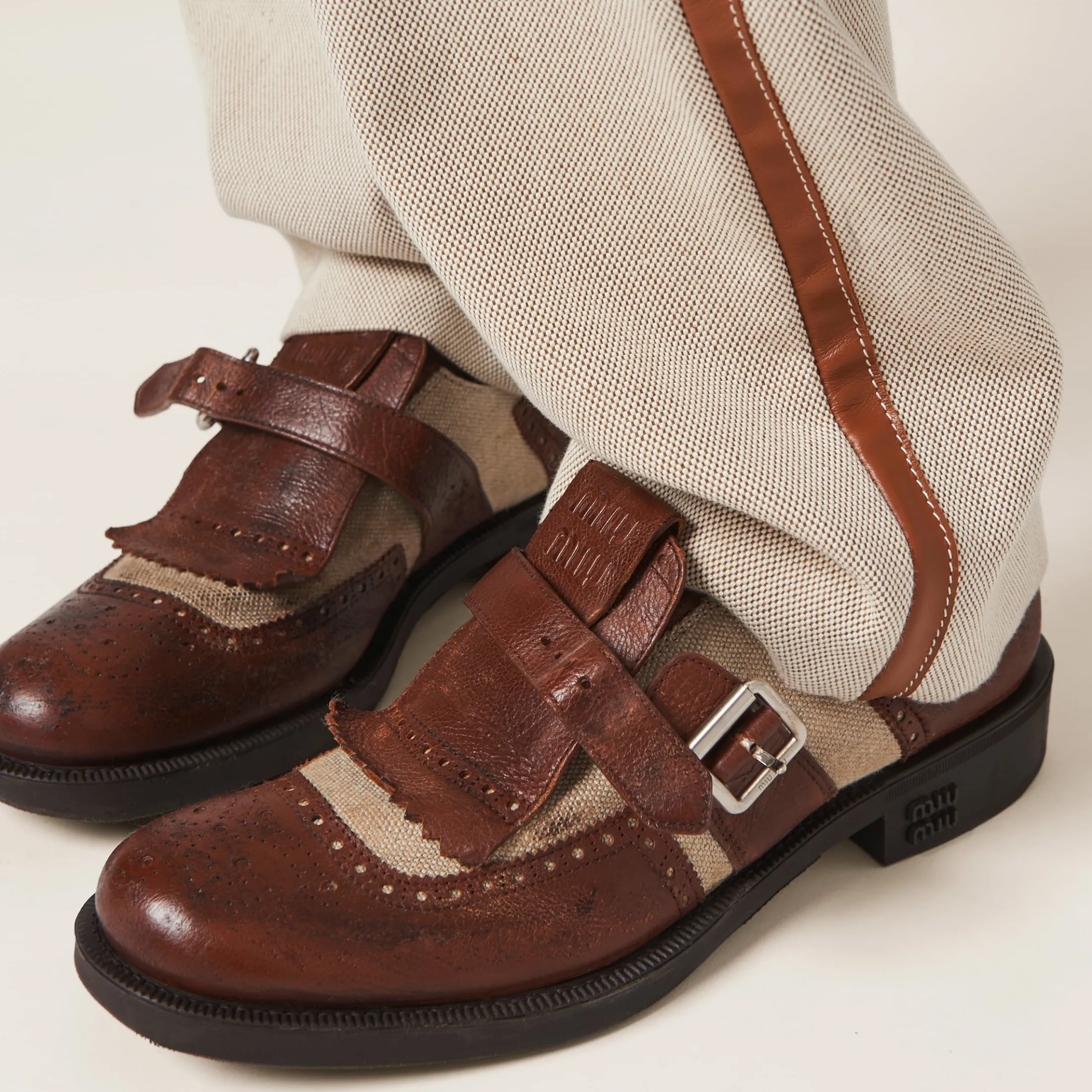 Walnut Brown / Cord Church's X Miu Miu Shanghai Leather And Linen Shoes | Miu Miu