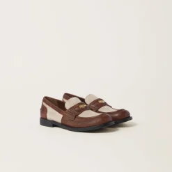 Walnut Brown / Cord Leather And Linen Loafers | Miu Miu