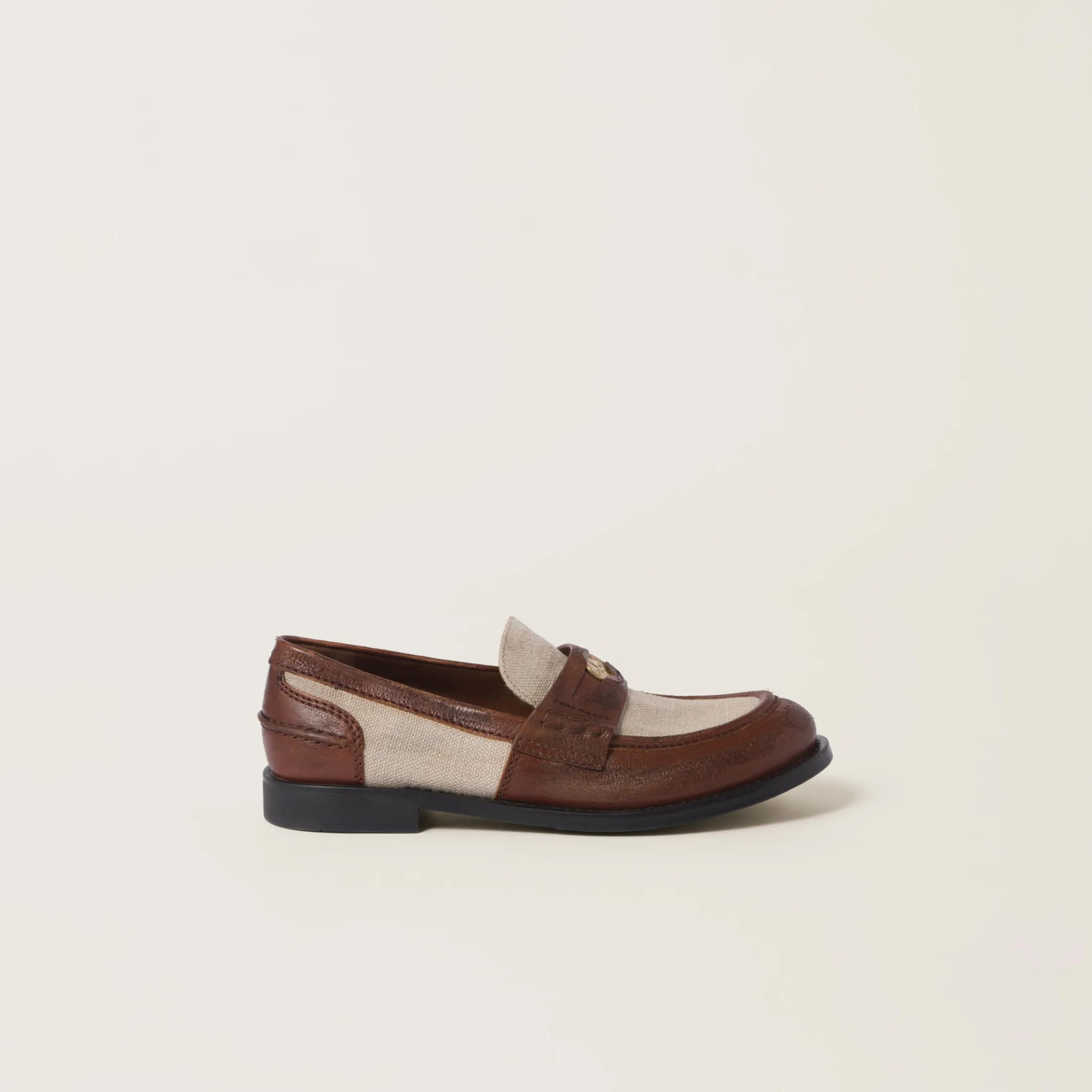 Walnut Brown / Cord Leather And Linen Loafers | Miu Miu