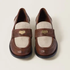 Walnut Brown / Cord Leather And Linen Loafers | Miu Miu