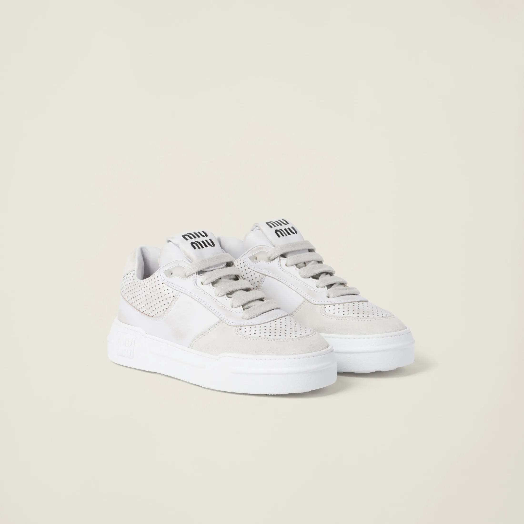 White Bleached Leather And Suede Sneakers | Miu Miu