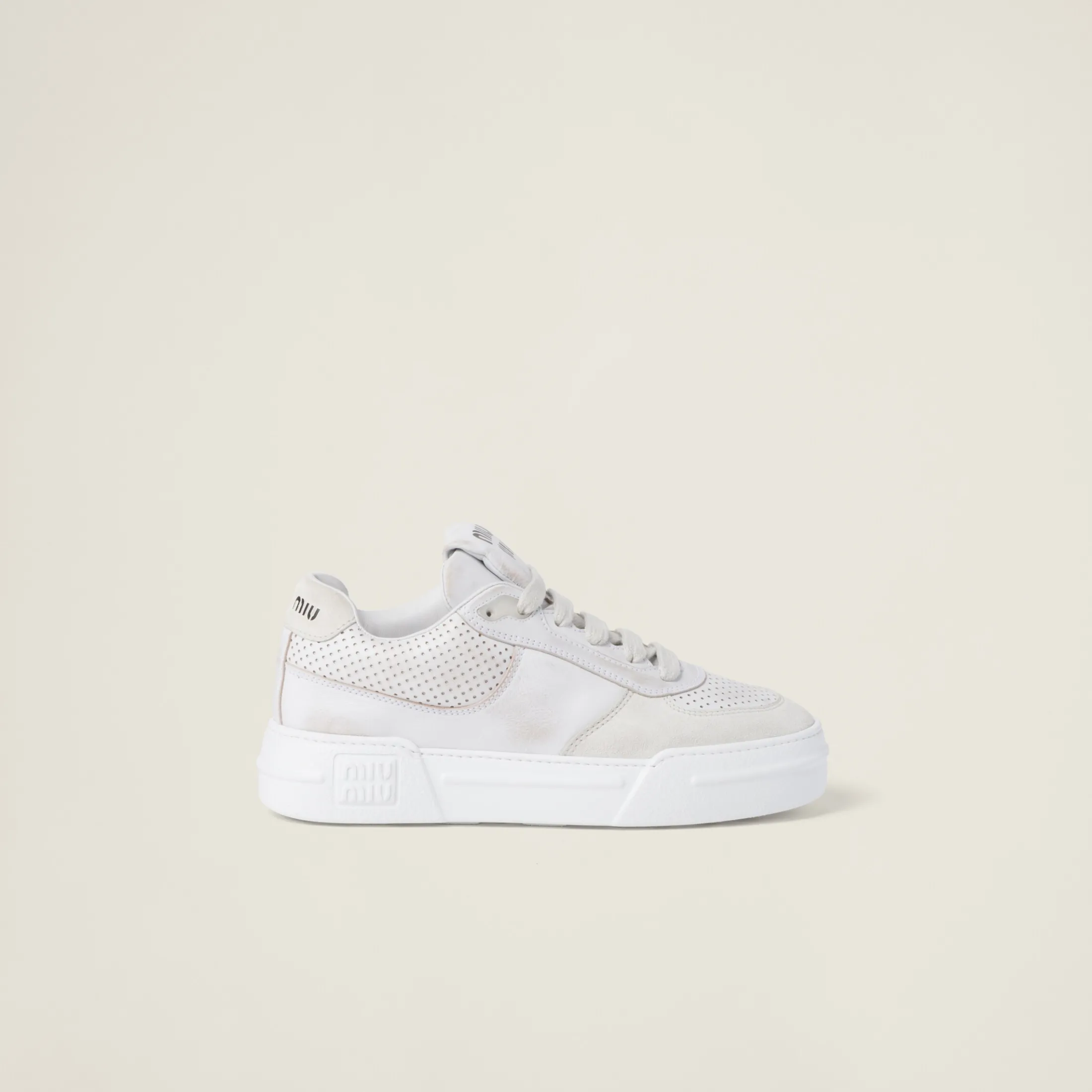 White Bleached Leather And Suede Sneakers | Miu Miu