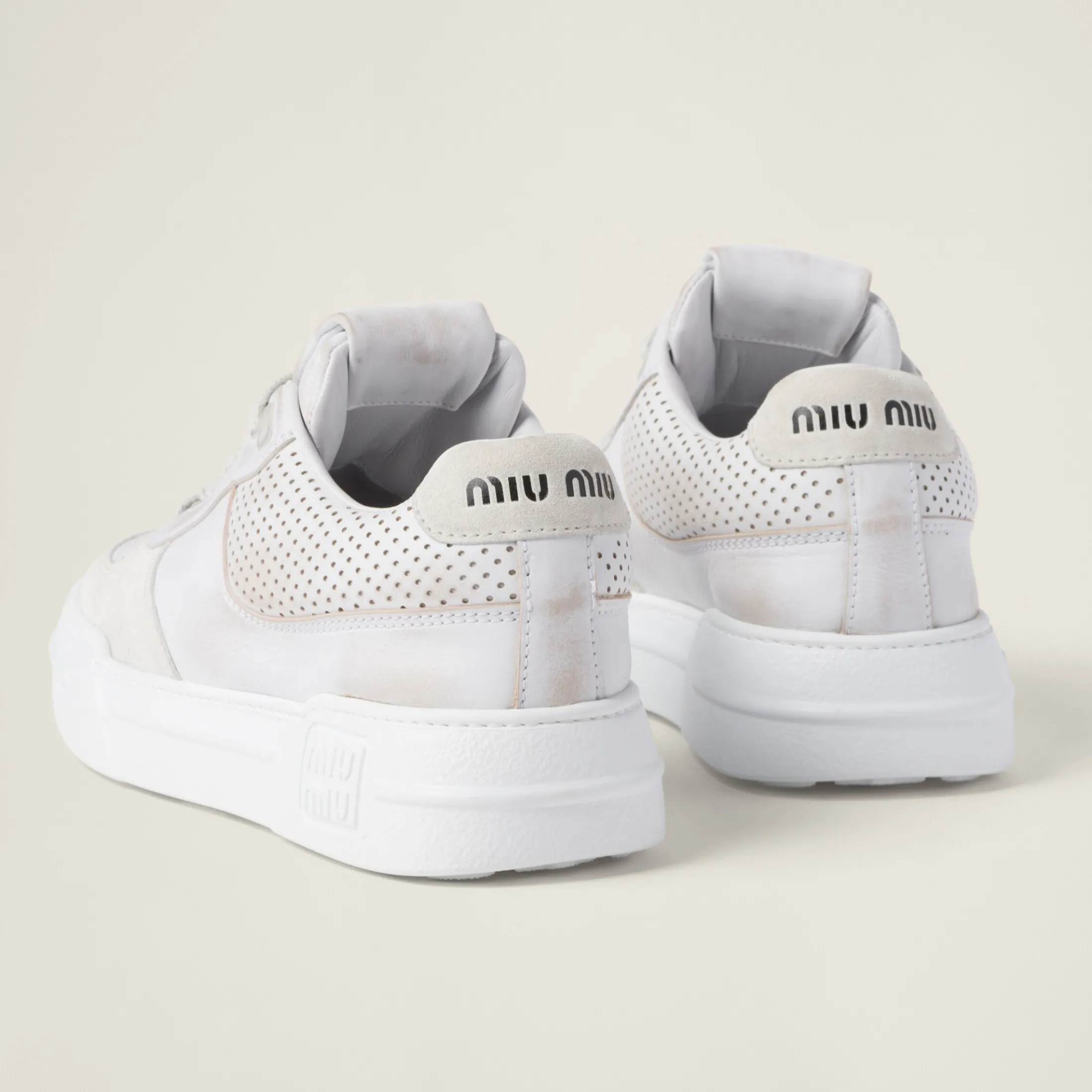White Bleached Leather And Suede Sneakers | Miu Miu