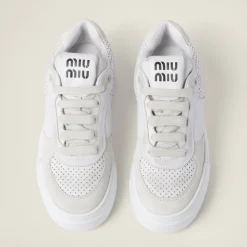White Bleached Leather And Suede Sneakers | Miu Miu