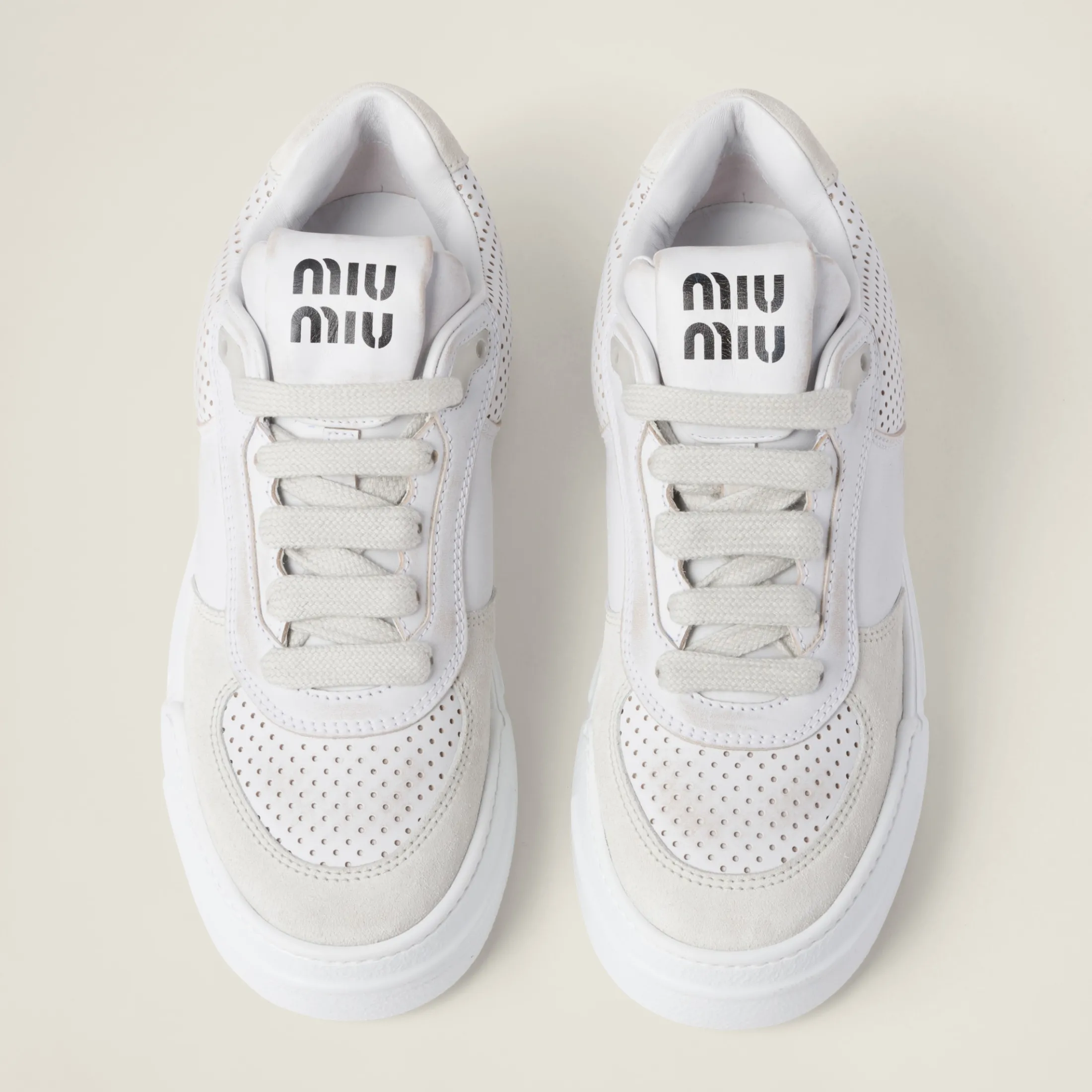 White Bleached Leather And Suede Sneakers | Miu Miu