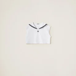 White Cotton Jersey Top With Embroidered Logo | Miu Miu