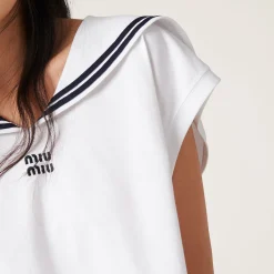White Cotton Jersey Top With Embroidered Logo | Miu Miu
