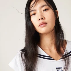 White Cotton Jersey Top With Embroidered Logo | Miu Miu
