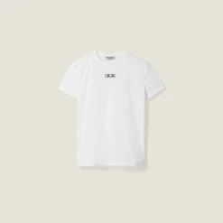 White Embroidered Cotton Jersey T-shirt | Miu Miu