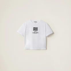 White Embroidered Cotton T-shirt | Miu Miu