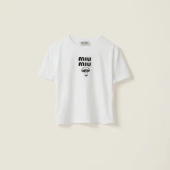 White Embroidered Cotton T-shirt | Miu Miu