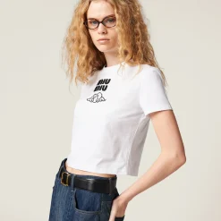 White Embroidered Cotton T-shirt | Miu Miu
