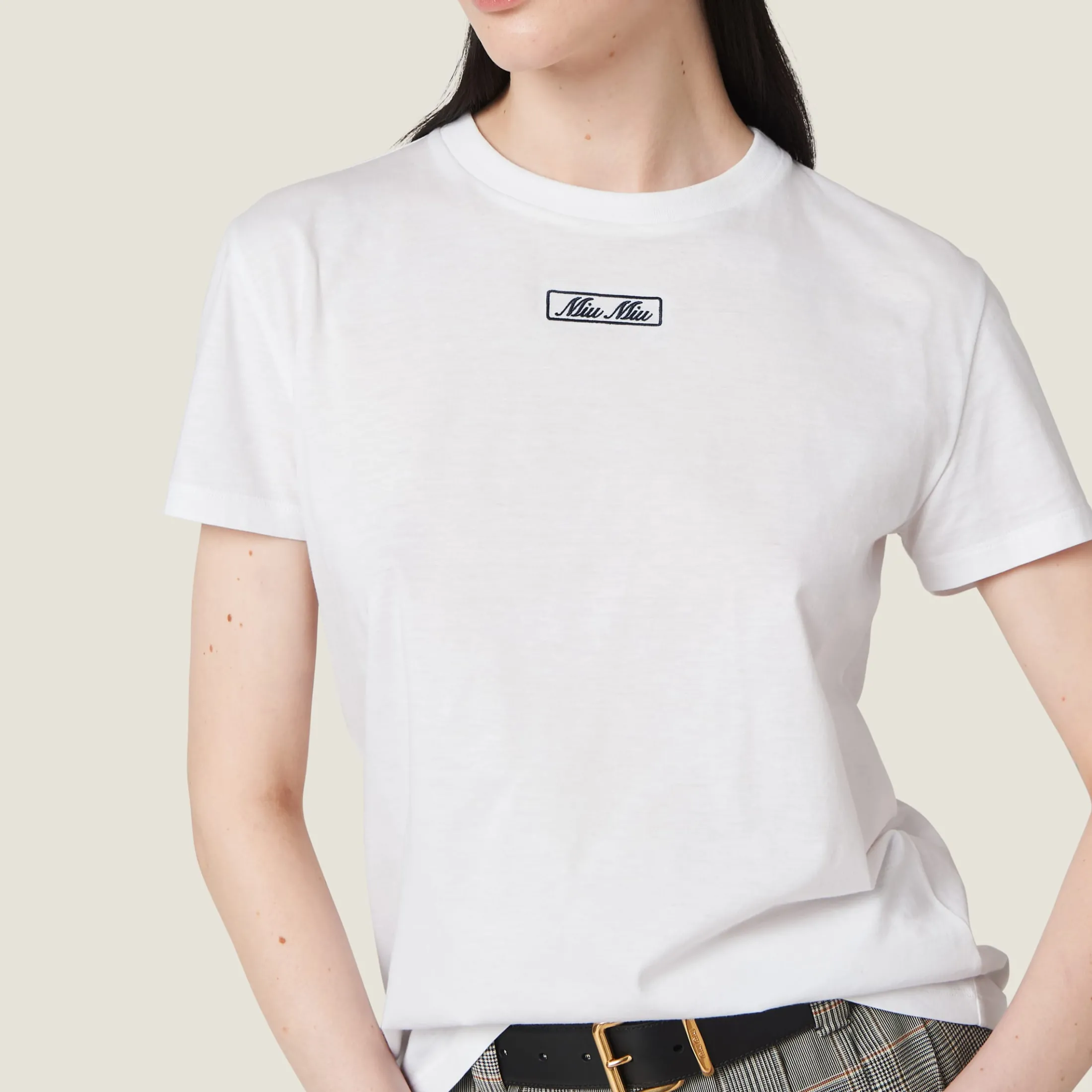 White Embroidered Cotton Jersey T-shirt | Miu Miu