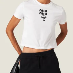 White Embroidered Cotton T-shirt | Miu Miu