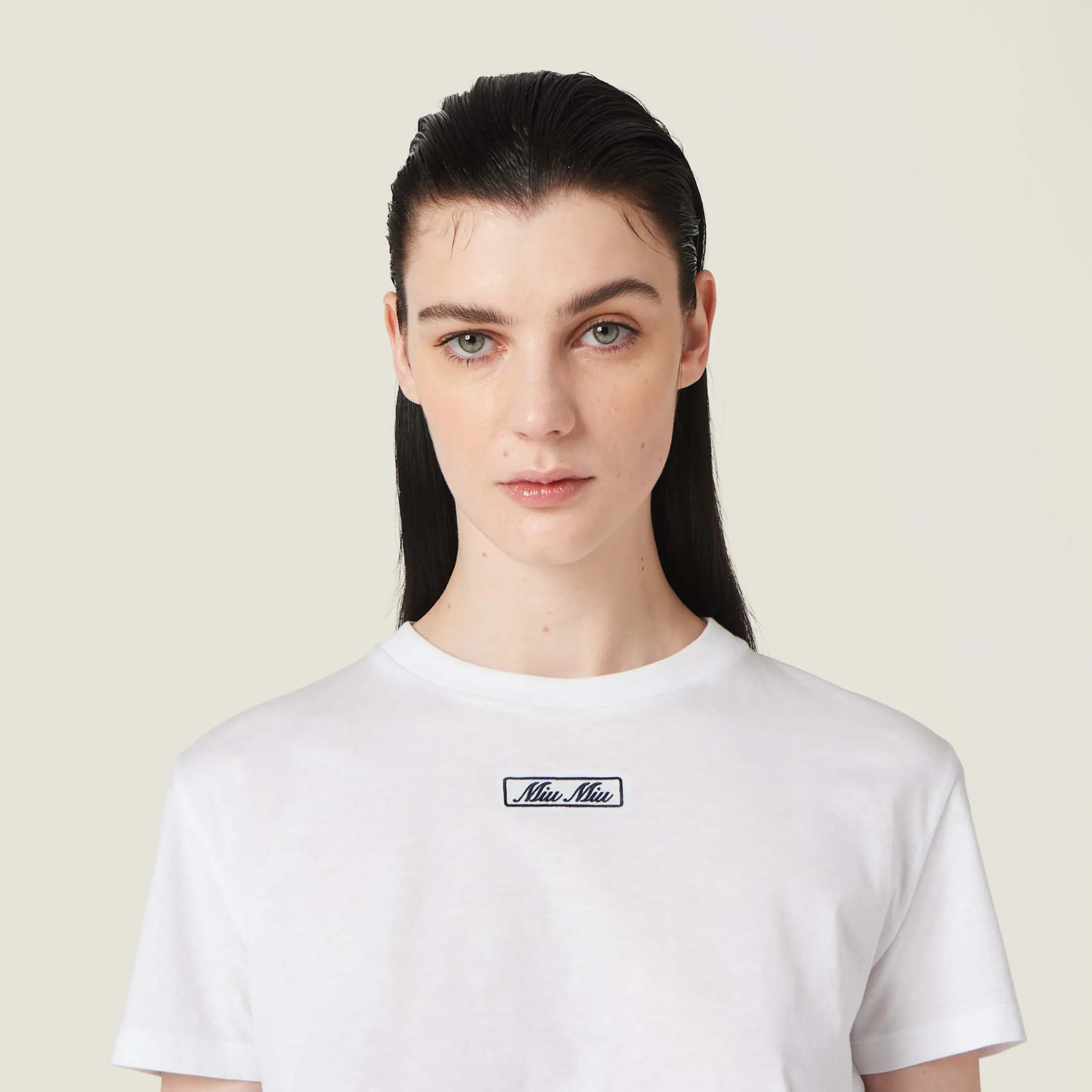 White Embroidered Cotton Jersey T-shirt | Miu Miu