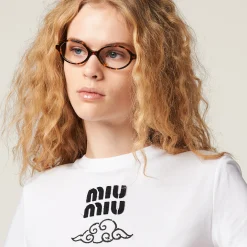 White Embroidered Cotton T-shirt | Miu Miu
