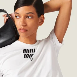 White Embroidered Cotton T-shirt | Miu Miu