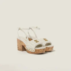 White Matelassé Nappa Leather Cork Heel Sandals | Miu Miu