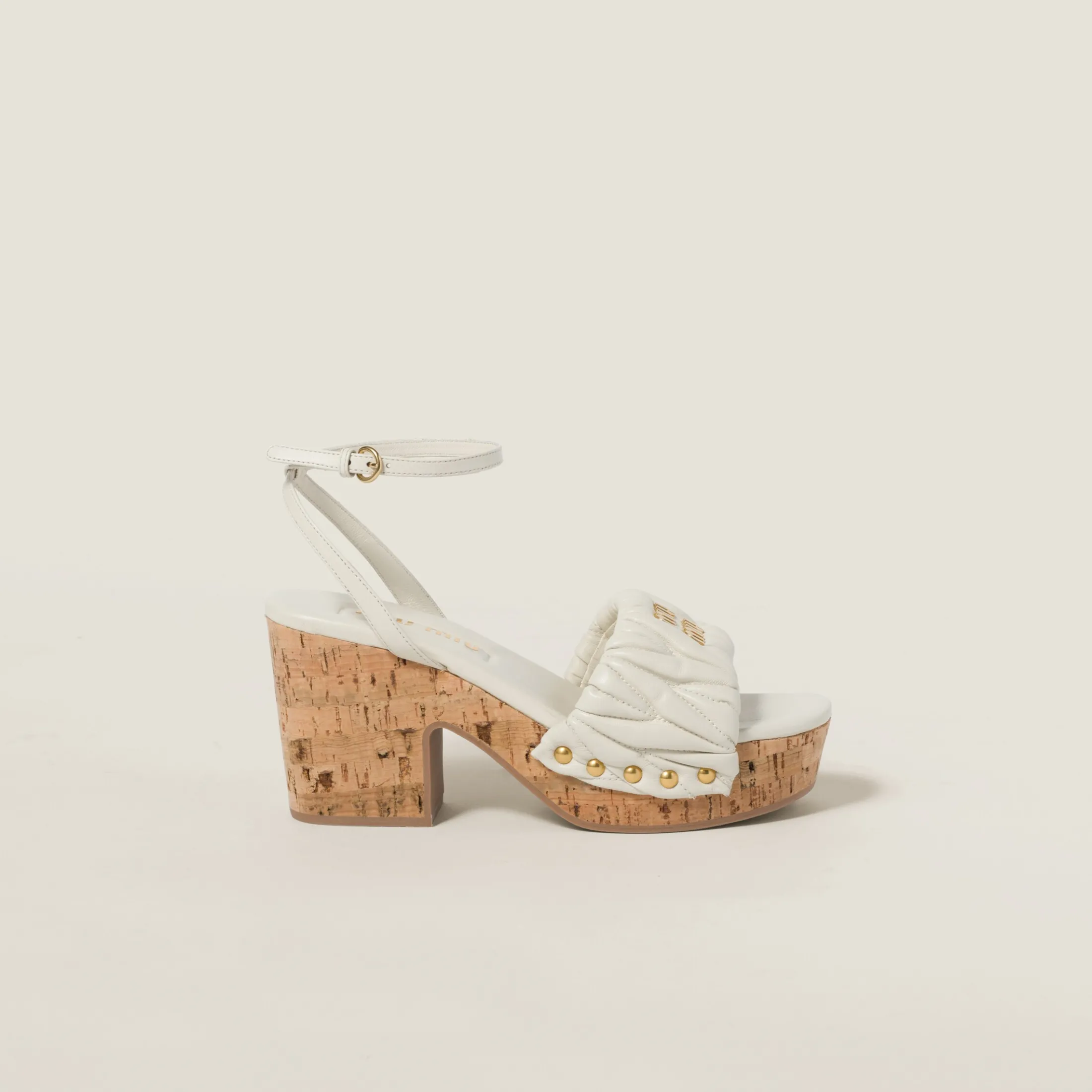 White Matelassé Nappa Leather Cork Heel Sandals | Miu Miu