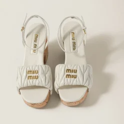 White Matelassé Nappa Leather Cork Heel Sandals | Miu Miu