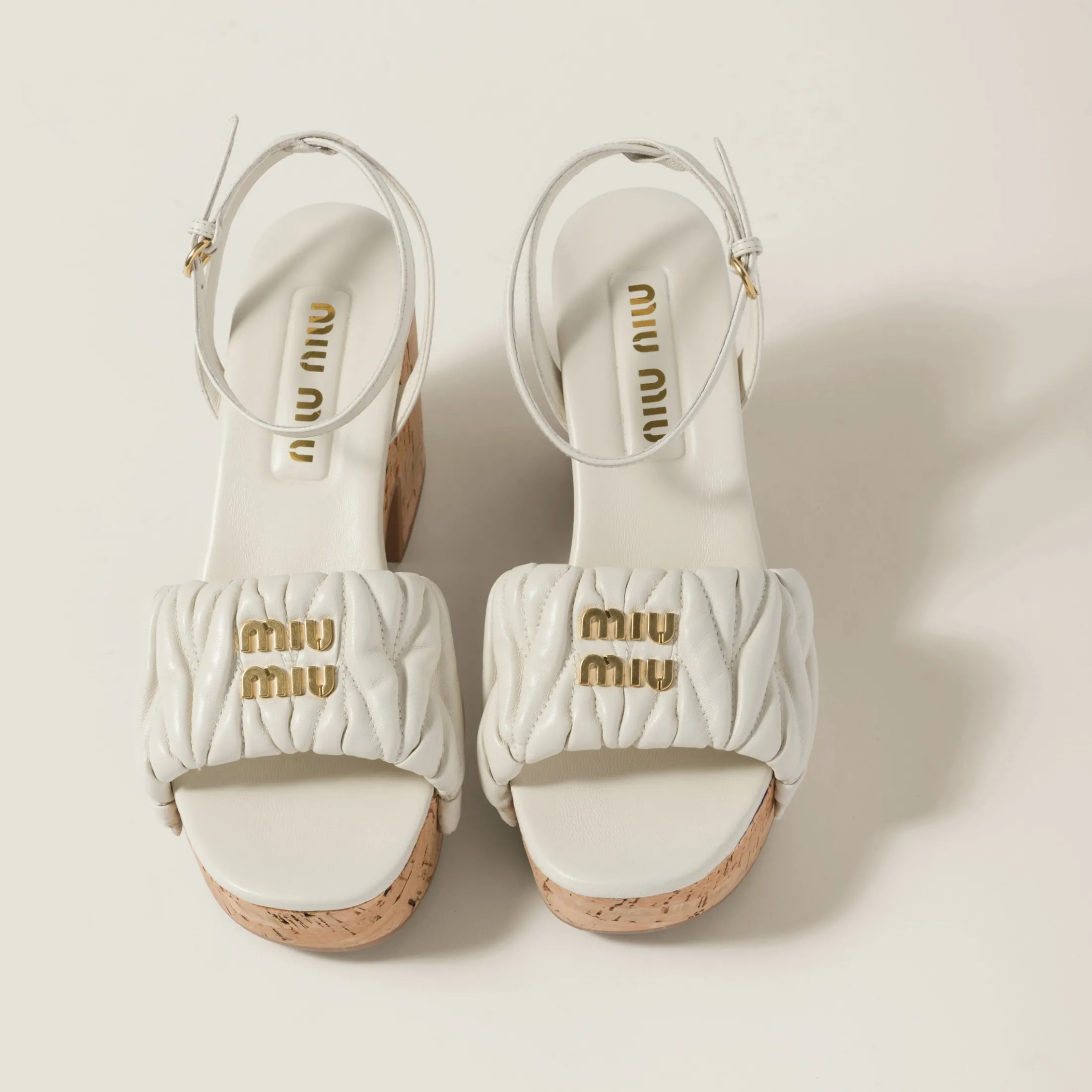 White Matelassé Nappa Leather Cork Heel Sandals | Miu Miu