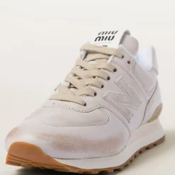 White New Balance 574 X Miu Miu Vintage-effect Nappa Leather Sneakers | Miu Miu