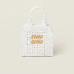 White/beige Raffia-effect Crochet Fabric Tote Bag | Miu Miu