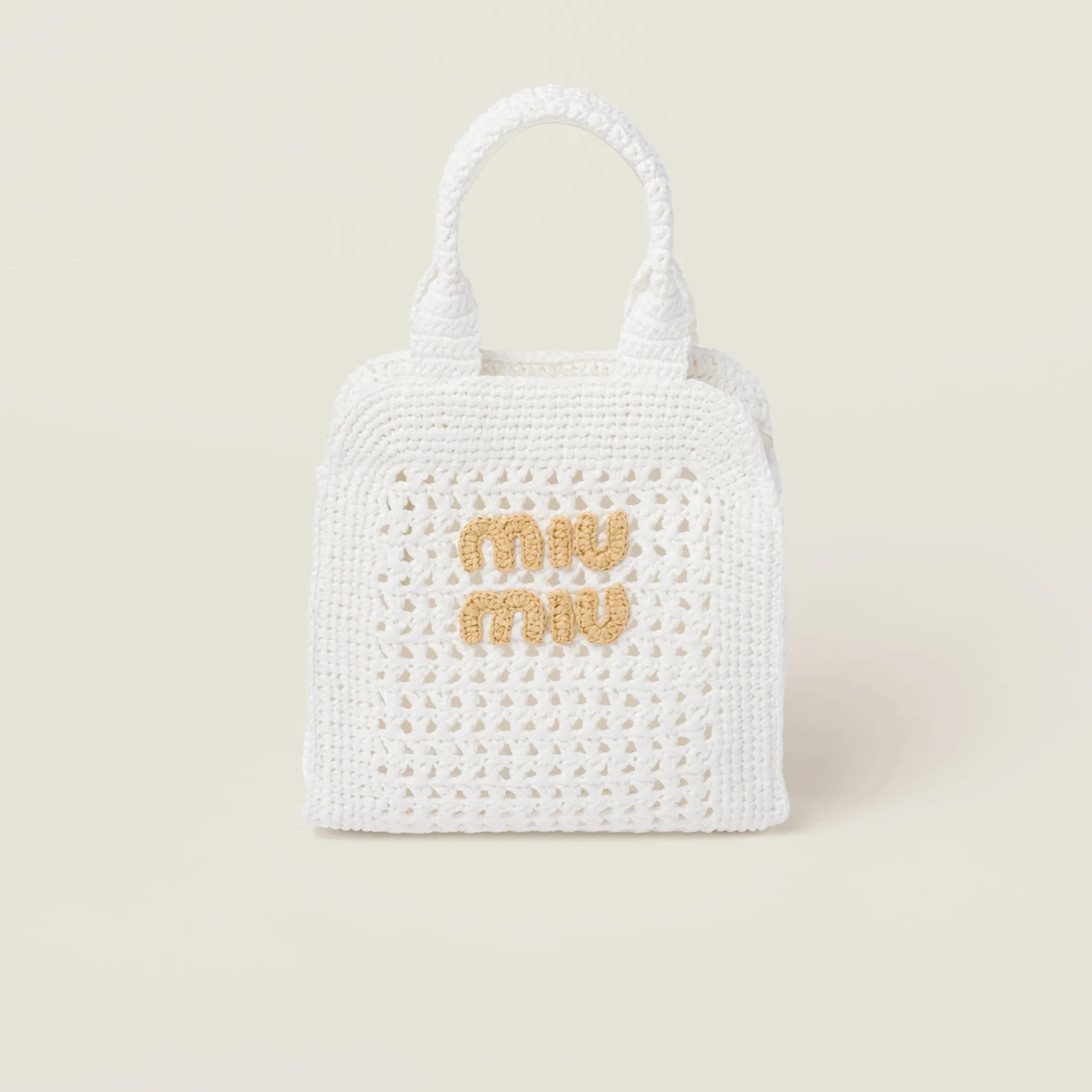 White/beige Raffia-effect Crochet Fabric Tote Bag | Miu Miu