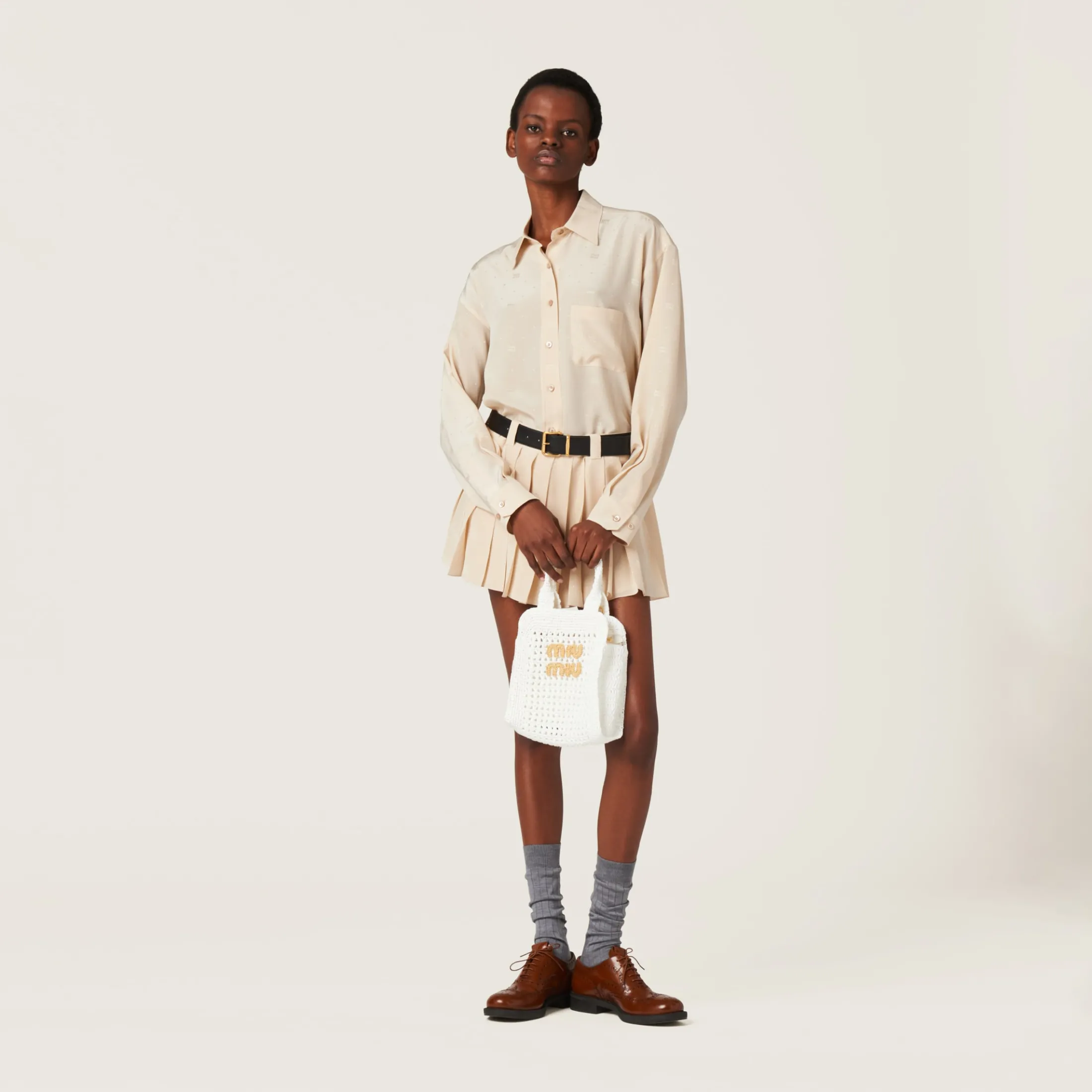 White/beige Raffia-effect Crochet Fabric Tote Bag | Miu Miu