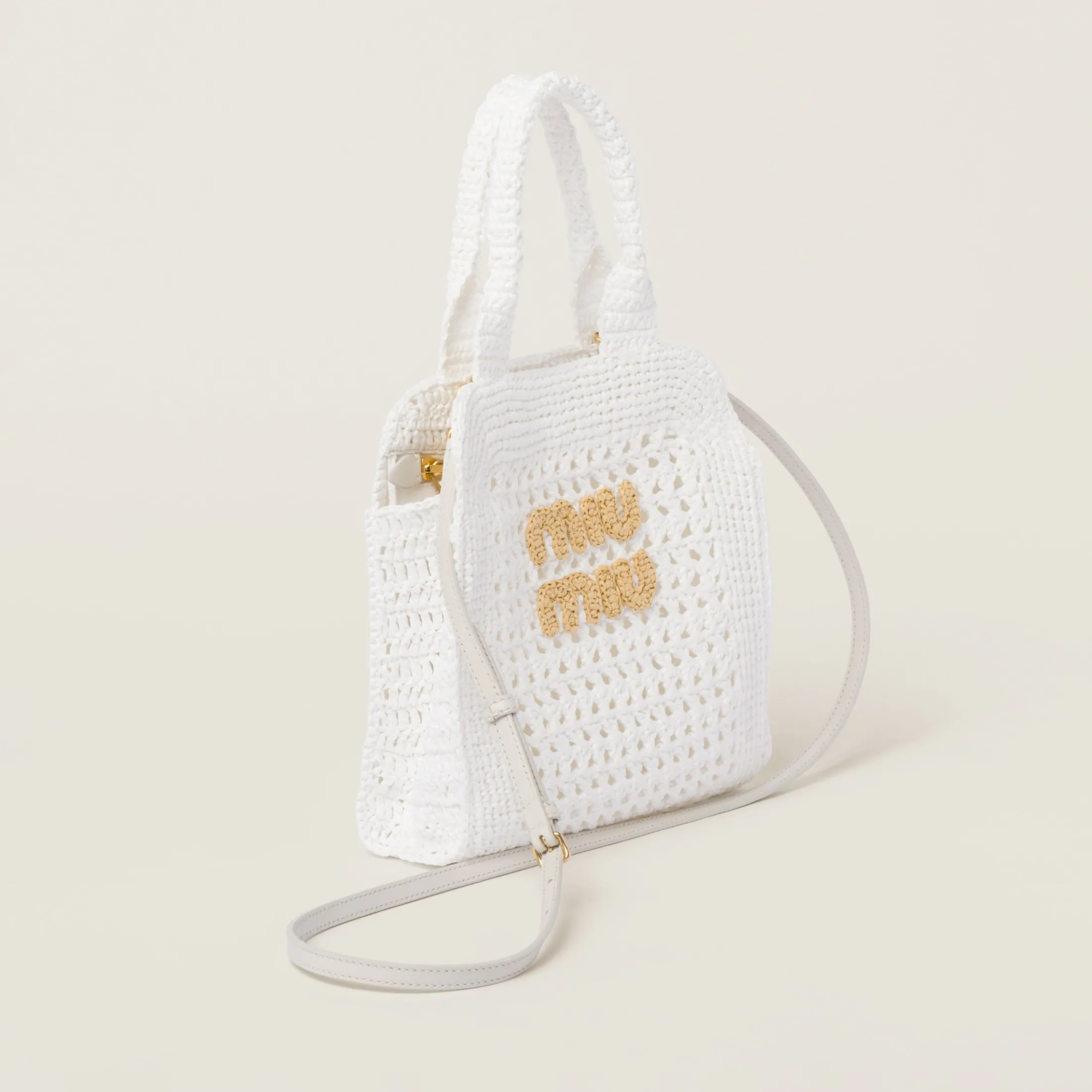 White/beige Raffia-effect Crochet Fabric Tote Bag | Miu Miu