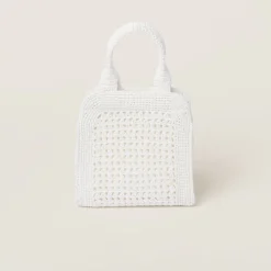 White/beige Raffia-effect Crochet Fabric Tote Bag | Miu Miu