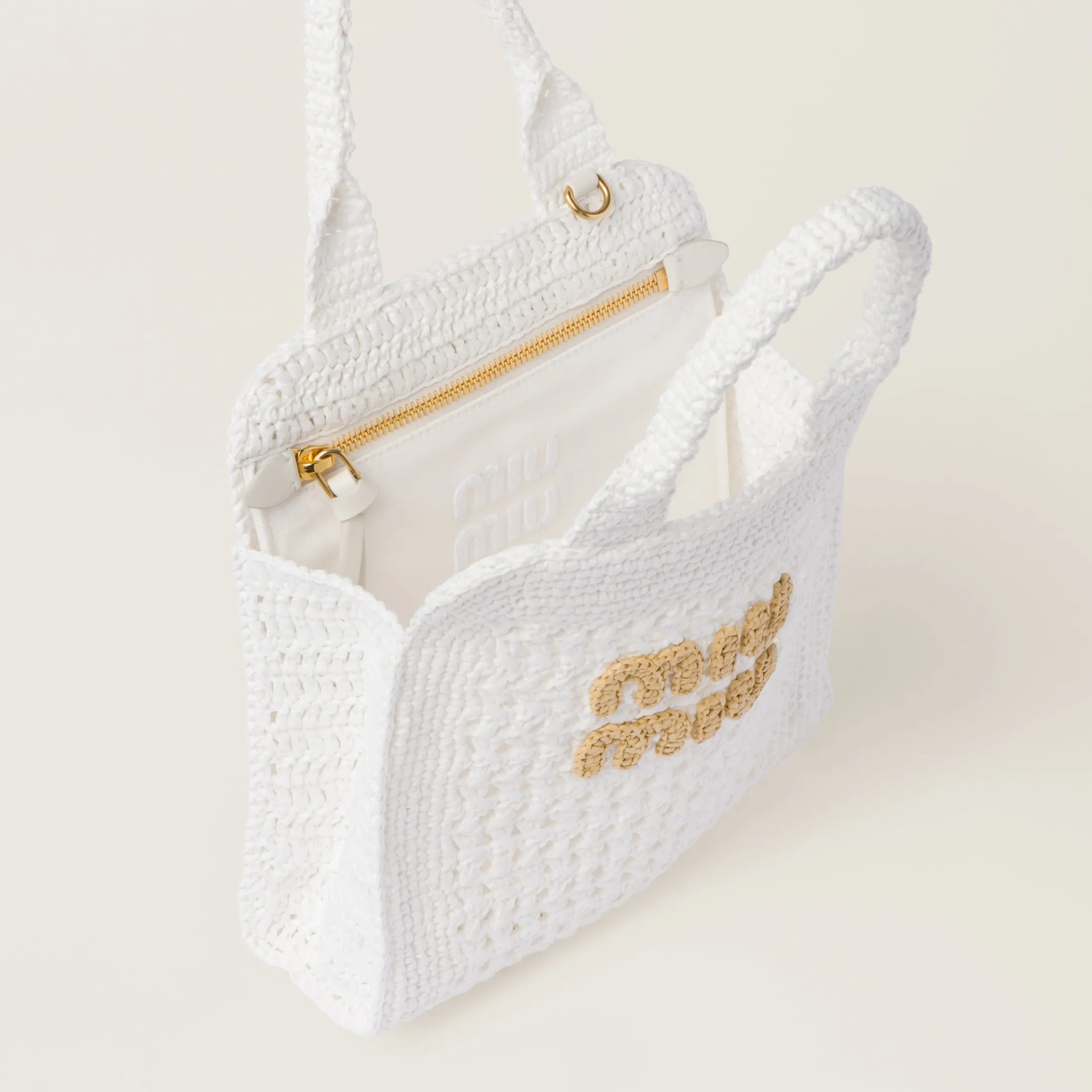 White/beige Raffia-effect Crochet Fabric Tote Bag | Miu Miu