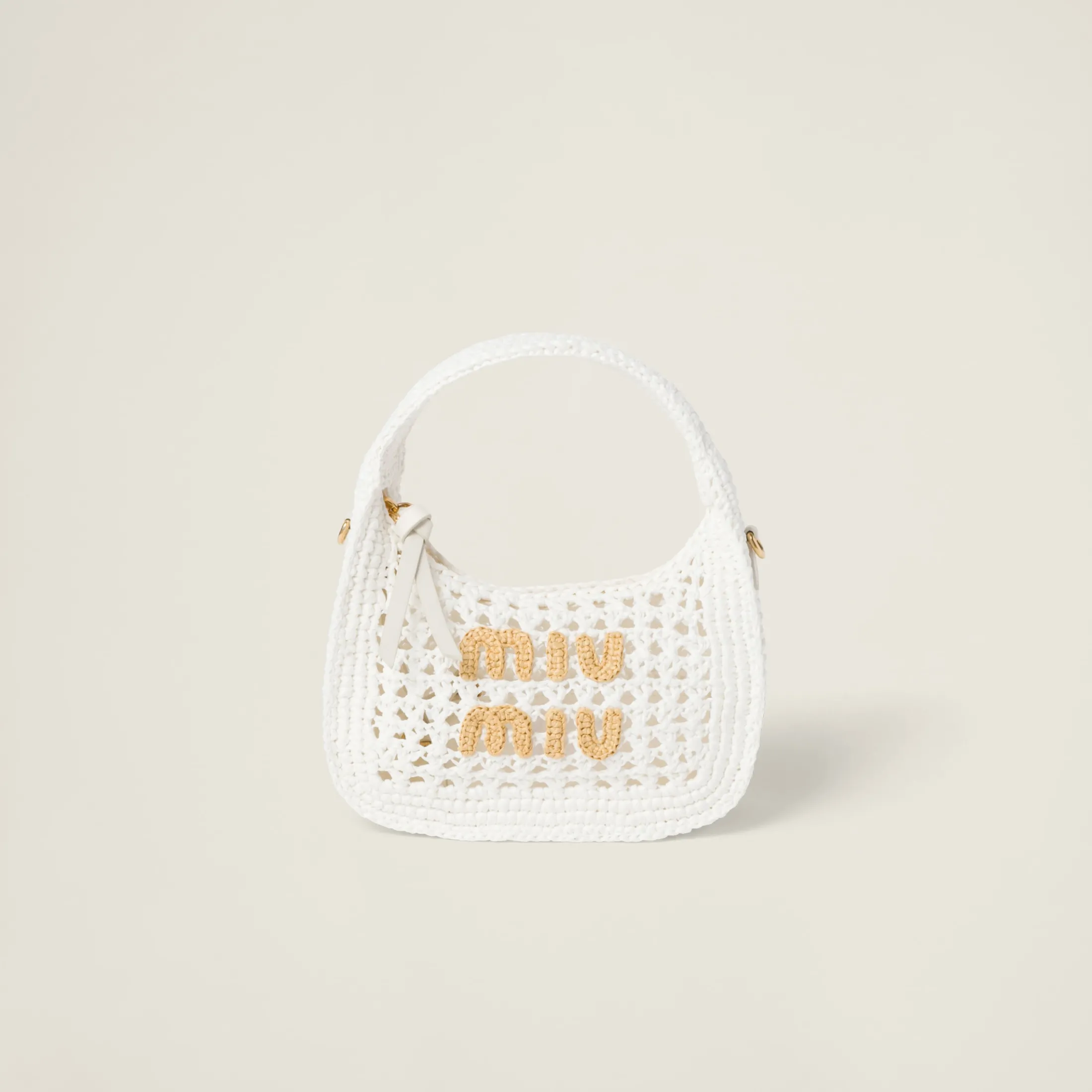 White/beige Wander Woven Fabric Hobo Bag | Miu Miu