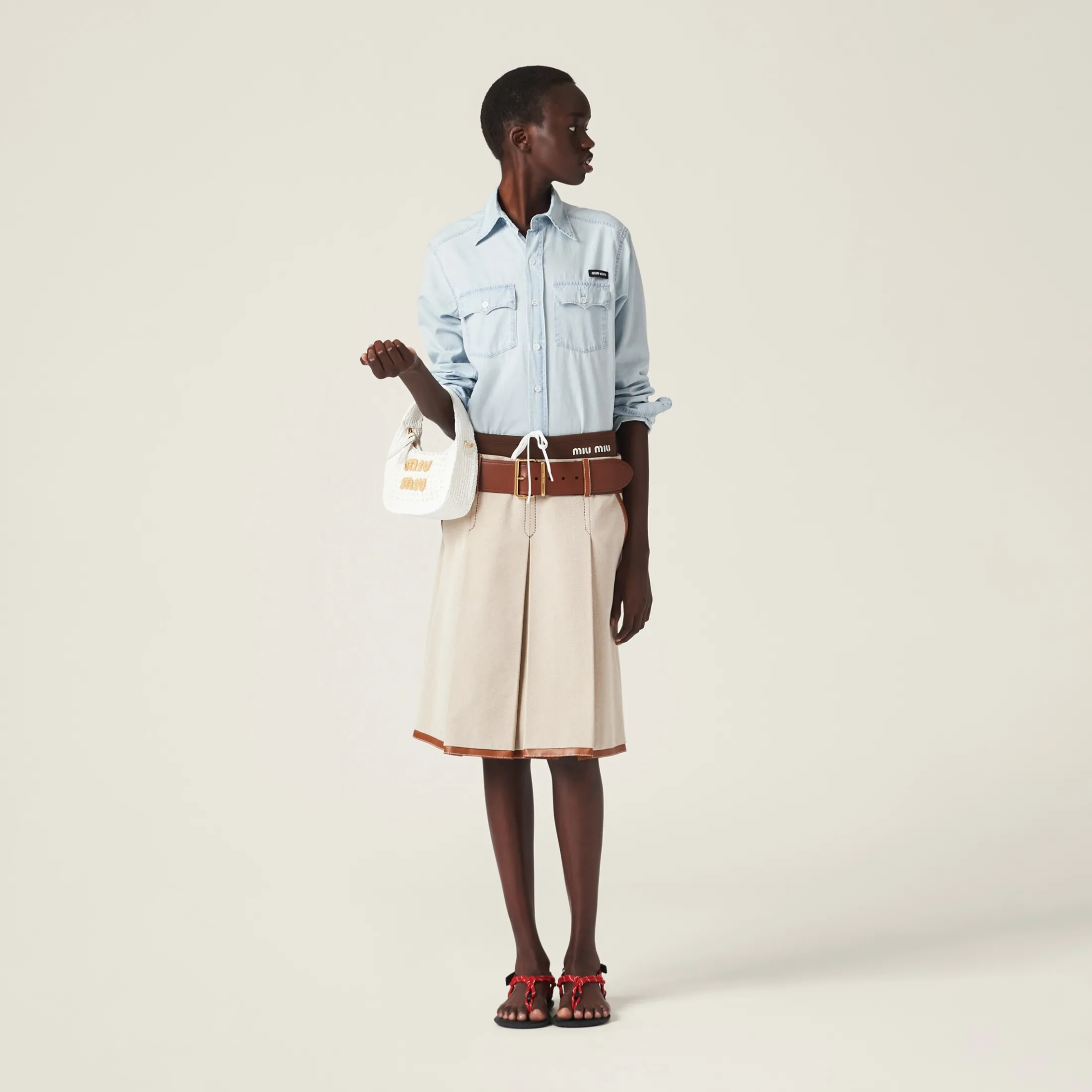 White/beige Wander Woven Fabric Hobo Bag | Miu Miu
