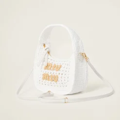 White/beige Wander Woven Fabric Hobo Bag | Miu Miu