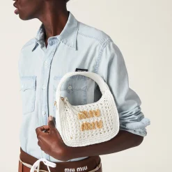 White/beige Wander Woven Fabric Hobo Bag | Miu Miu