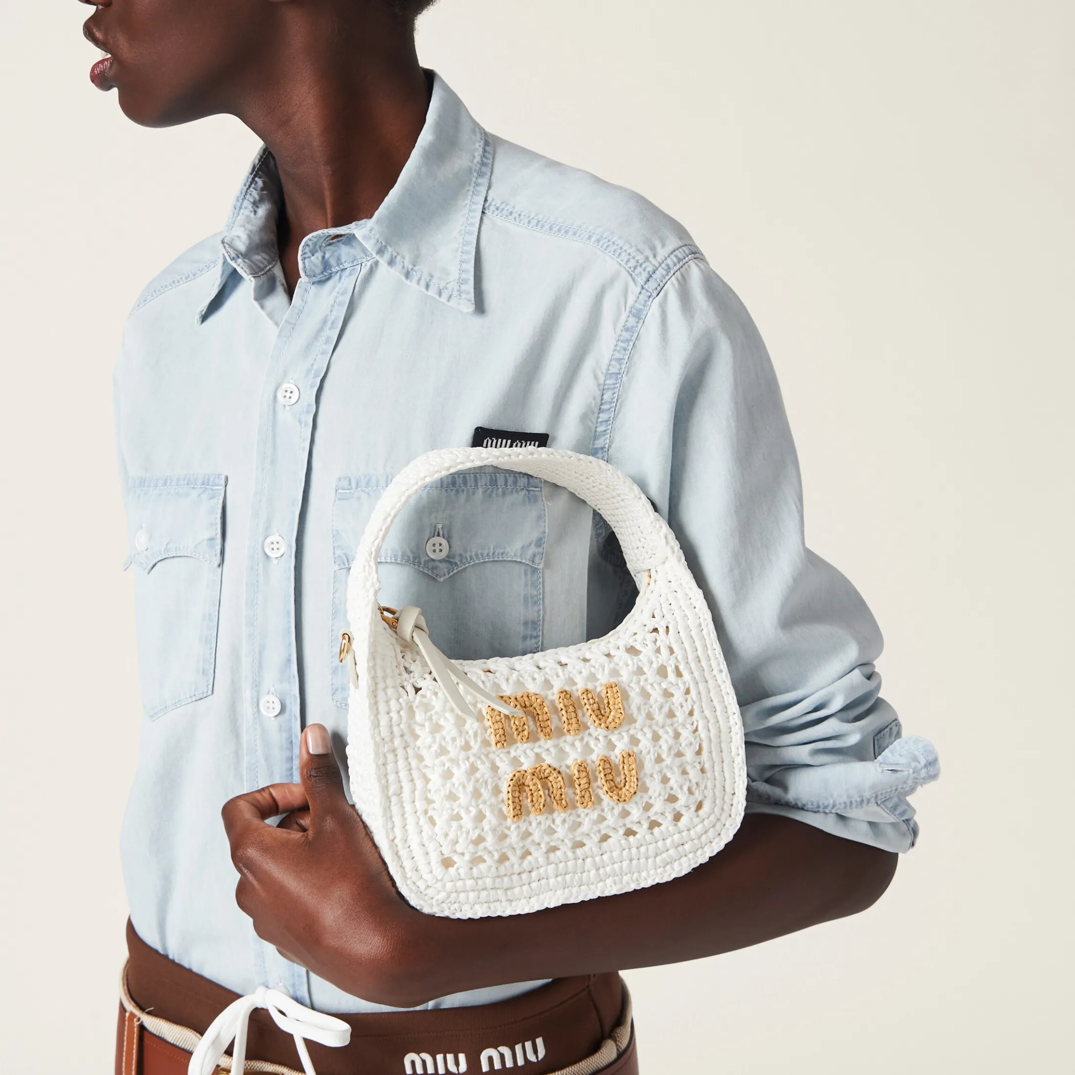 White/beige Wander Woven Fabric Hobo Bag | Miu Miu
