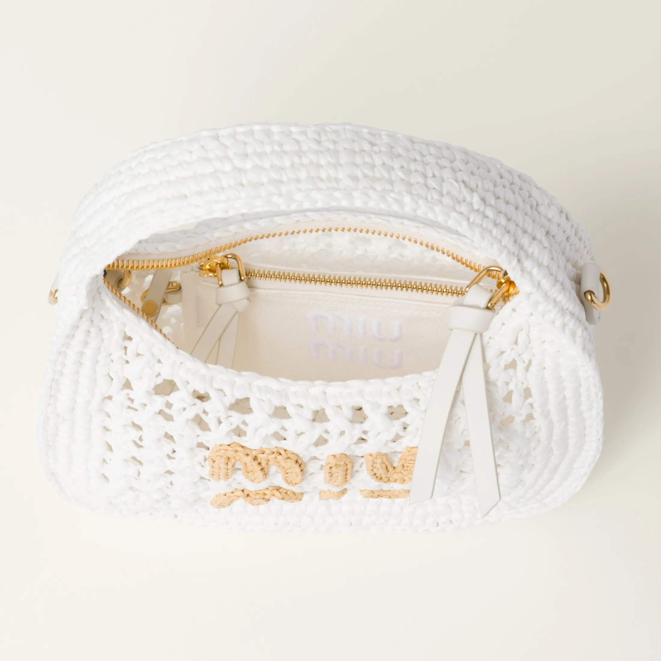 White/beige Wander Woven Fabric Hobo Bag | Miu Miu