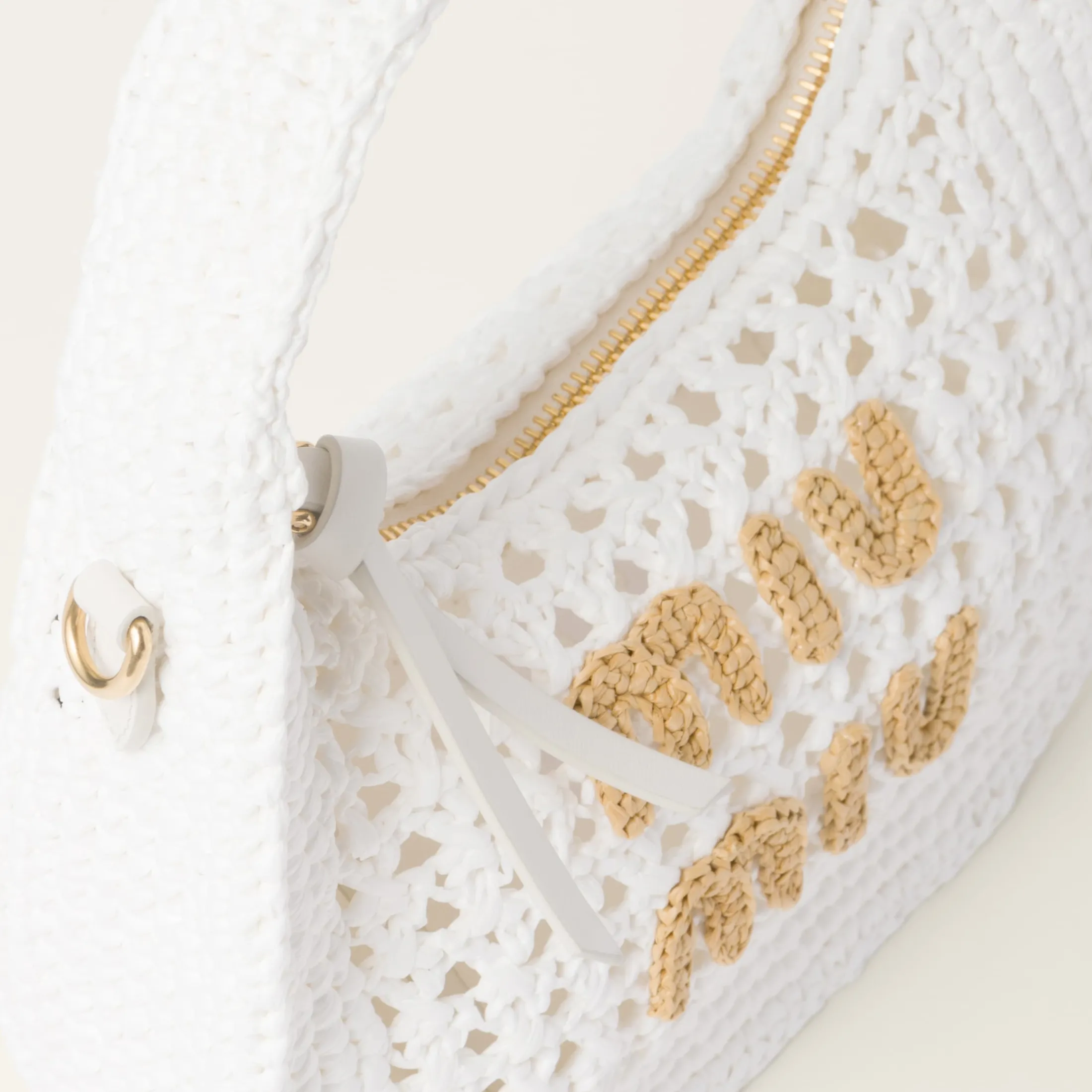 White/beige Wander Woven Fabric Hobo Bag | Miu Miu