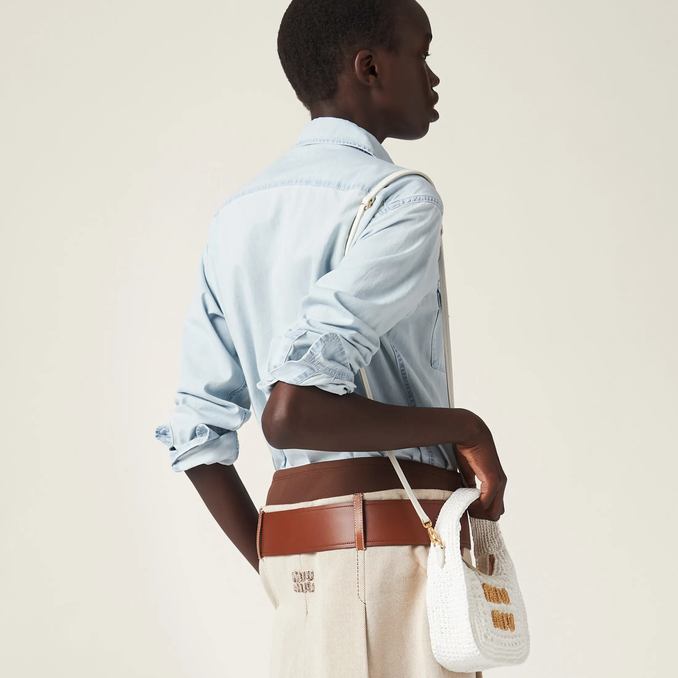 White/beige Wander Woven Fabric Hobo Bag | Miu Miu