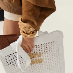White/beige Woven Fabric Tote Bag | Miu Miu