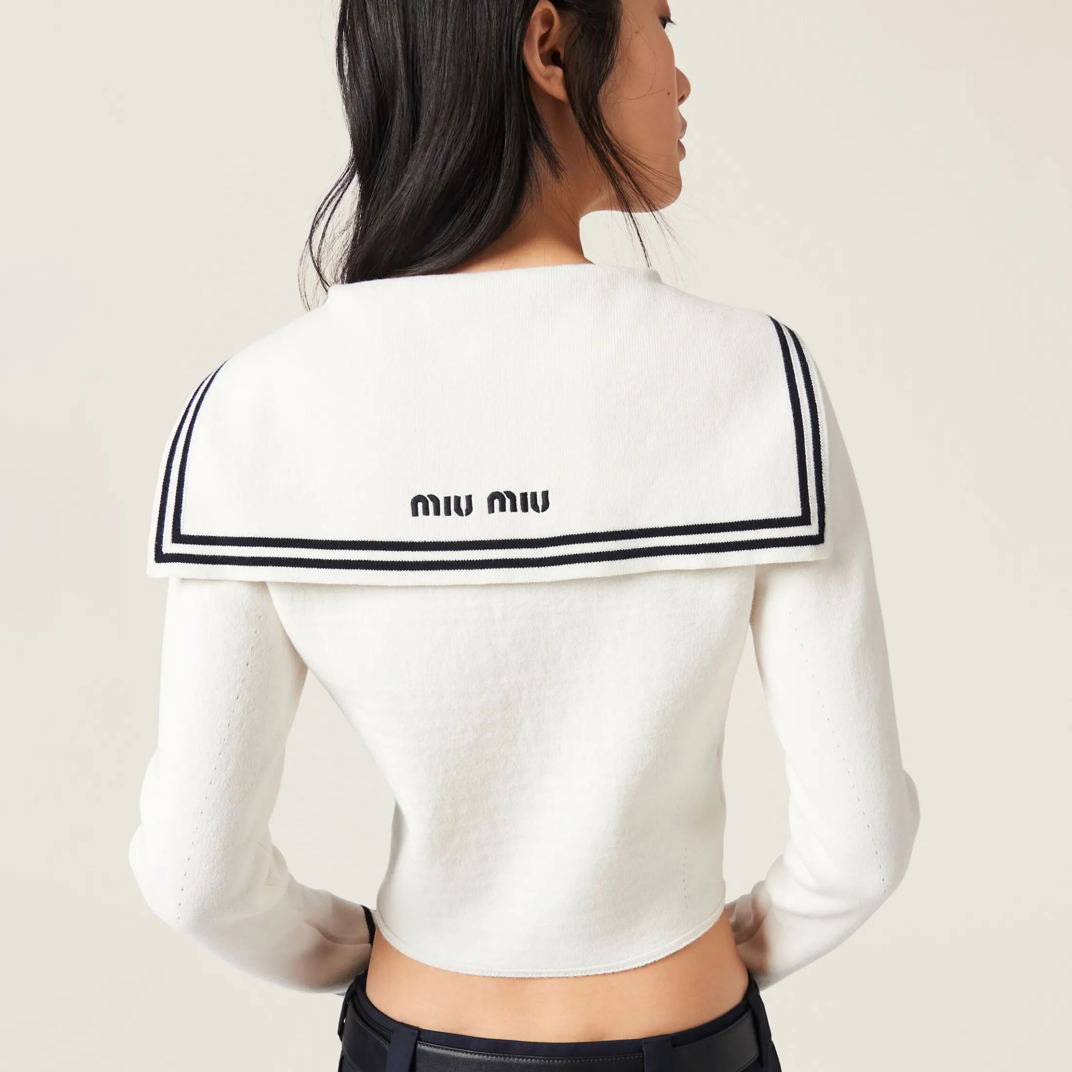 White/blue Cotton Knit Cardigan | Miu Miu